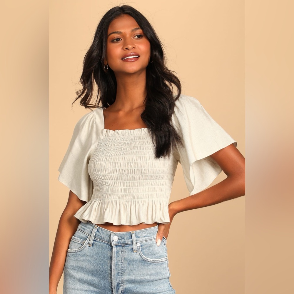 Lulus Your Sunshine Beige Smocked Flutter Sleeve Top XS